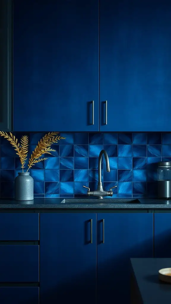 A kitchen featuring Prussian blue backsplash and dark kitchen cabinets with decorative elements.