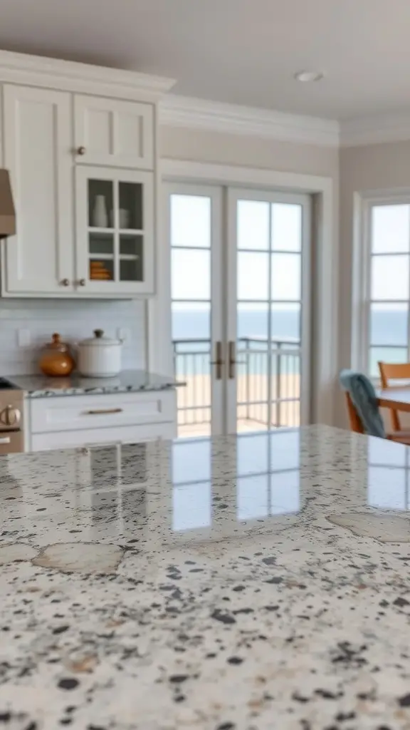 A beach house kitchen featuring a countertop with a unique pattern, emphasizing the choice between quartz and granite materials.