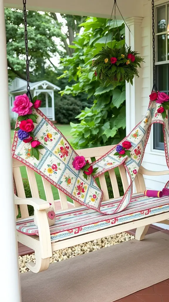 A quilted fabric garland decorated with faux flowers on a swing bench, surrounded by greenery.