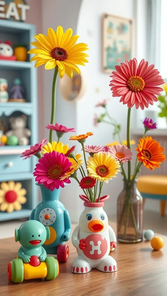 Colorful toy vases filled with flowers, including a yellow gerbera and pink daisies, on a wooden table.