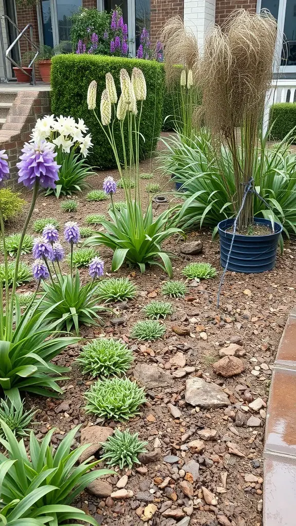 A neatly arranged rain garden featuring various plants and flowers, designed for effective stormwater management.