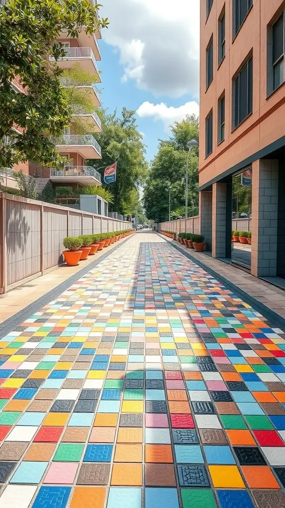 Mosaic walkway featuring a rainbow color spectrum with various colored tiles.