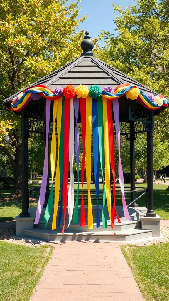 A gazebo decorated with a colorful rainbow ribbon garland and pom-pom flowers.