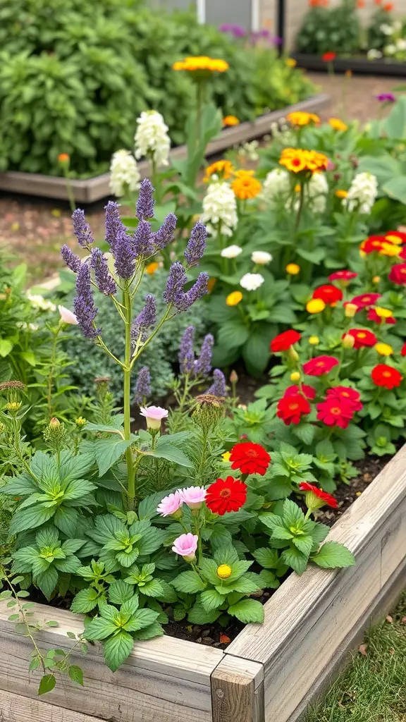 A colorful raised garden bed with a variety of flowers in bloom.