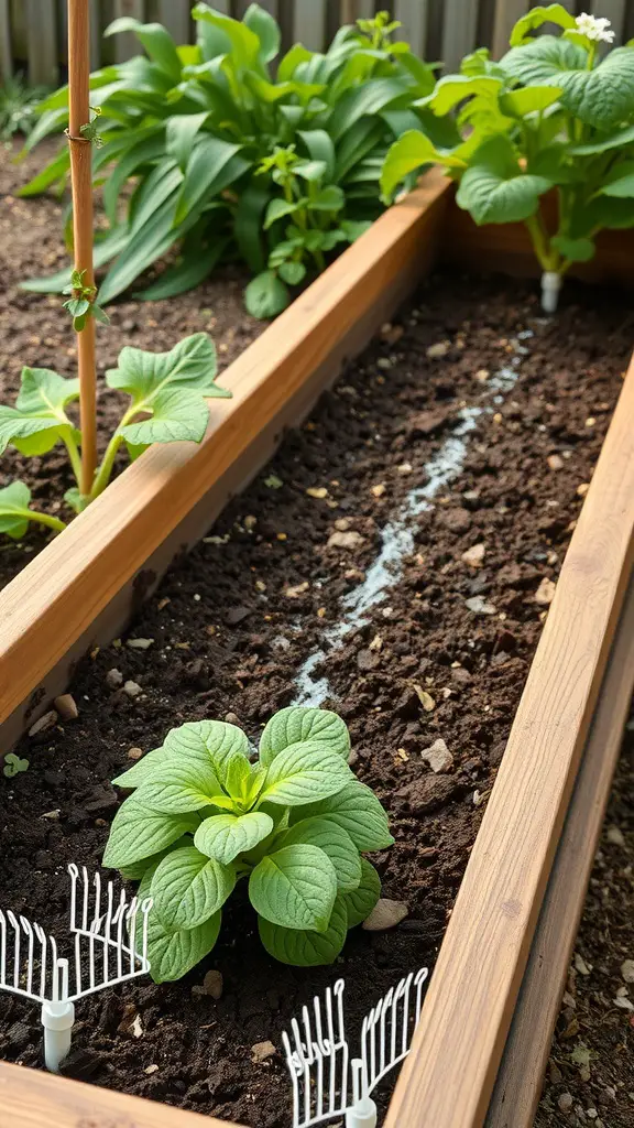 A raised garden bed with a built-in irrigation system, featuring healthy green plants and a wooden frame.