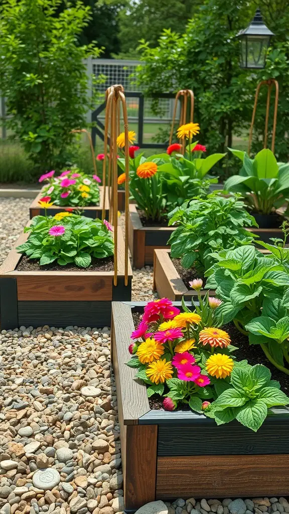 Colorful raised garden beds surrounded by gravel