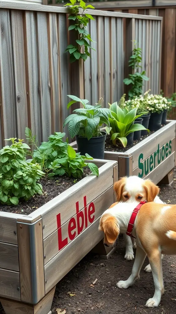 19 Creative Grassless Backyard Ideas for Dogs 15 Two dogs exploring raised planters filled with herbs