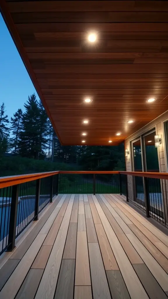 15 Creative Under Deck Lighting Ideas for Your Outdoor Space 4 Recessed lighting installed in deck beams with a wooden ceiling, illuminating a spacious outdoor deck.