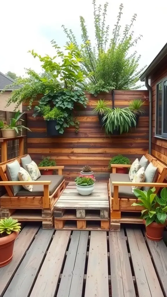 19 Affordable DIY Deck Ideas to Transform Your Outdoor Space 2 Cozy outdoor space with a reclaimed wood pallet deck, seating, and hanging plants.