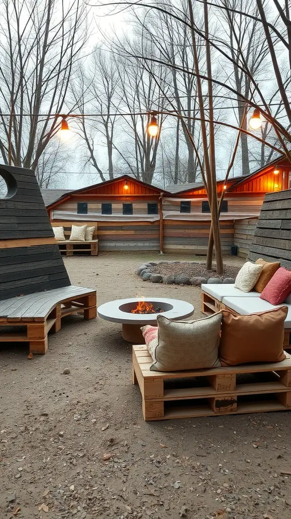 A cozy outdoor seating area with reclaimed wood pallet furniture surrounding a fire pit, illuminated by string lights.