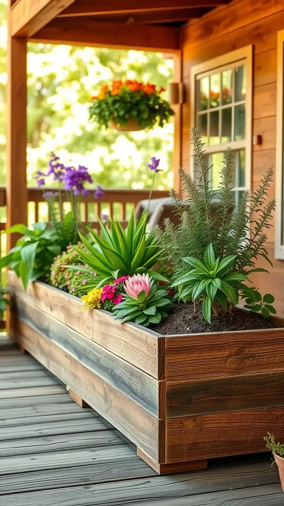15 Creative DIY Deck Planter Ideas to Enhance Your Outdoor Space 4 Reclaimed wood planter box filled with various plants on a deck