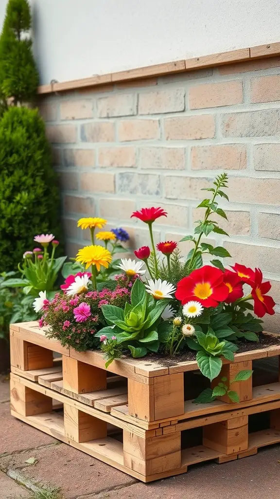 A colorful garden bed made from recycled wooden pallets, filled with various flowers.