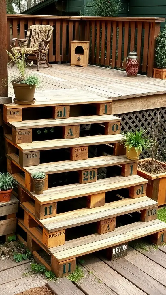 21 Creative Deck Step Ideas to Enhance Your Outdoor Space 9 Recycled pallet steps leading up to a deck, featuring plants and rustic details.