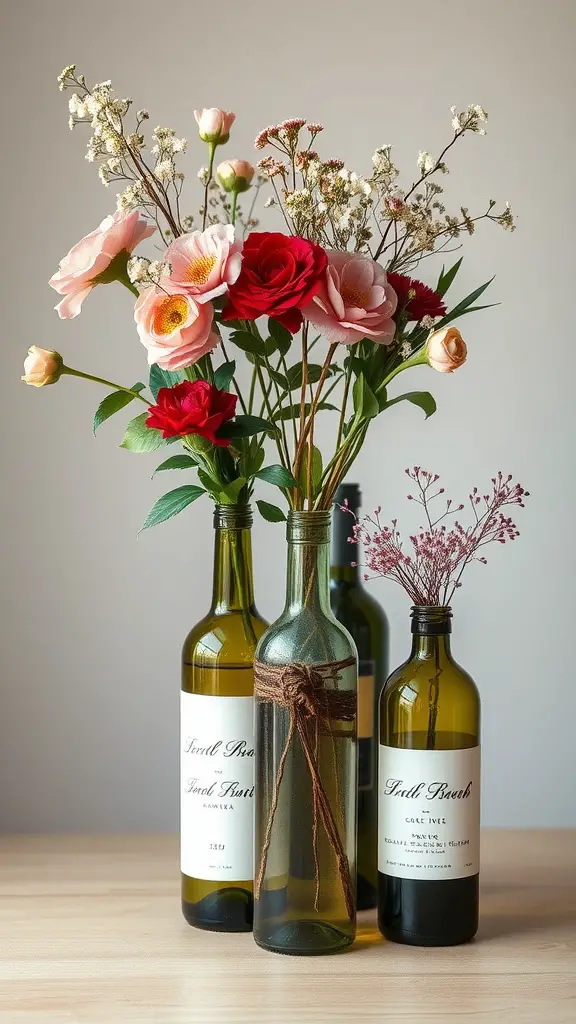 A collection of recycled wine bottles used as vases, filled with flowers and decorated with twine.