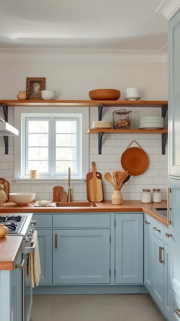 A kitchen featuring refined light blue cabinets and wooden countertops.