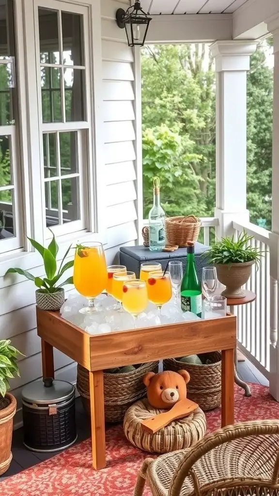 23 Inspiring Summer Porch Decor Ideas for a Vibrant Outdoor Space 14 A summer porch beverage station with orange drinks, ice, plants, and cozy decor.
