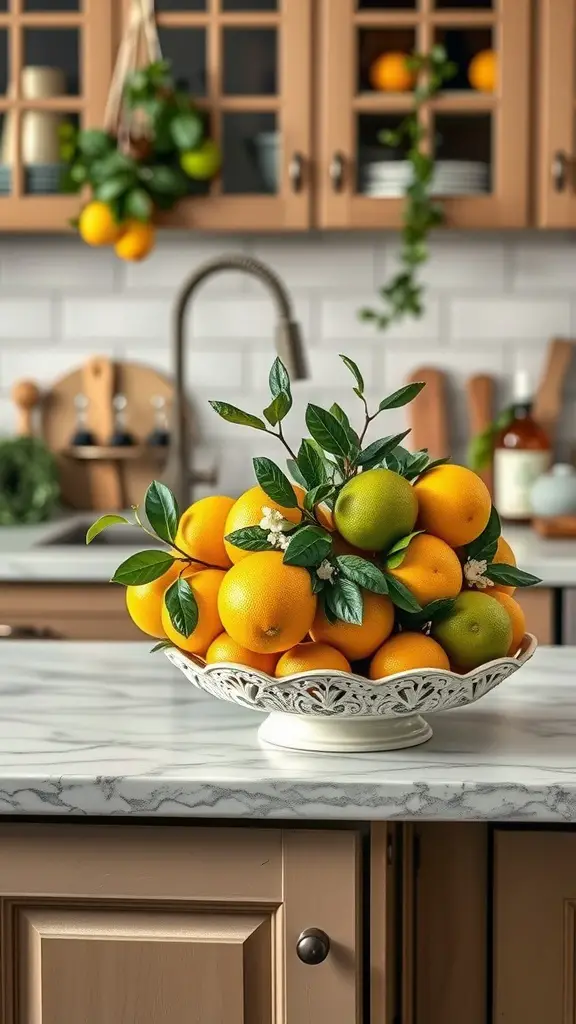 23 Bright and Cheerful Summer Decorations to Enhance Your Home 8 A bowl of oranges and limes with green leaves on a marble kitchen countertop