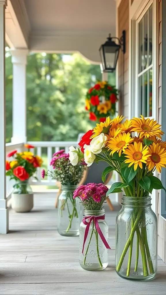 23 Inspiring Summer Porch Decor Ideas for a Vibrant Outdoor Space 5 Colorful floral arrangements in glass jars on a porch