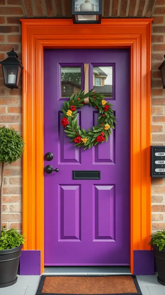 A bright purple front door with orange trim, adorned with a green wreath, surrounded by potted plants.