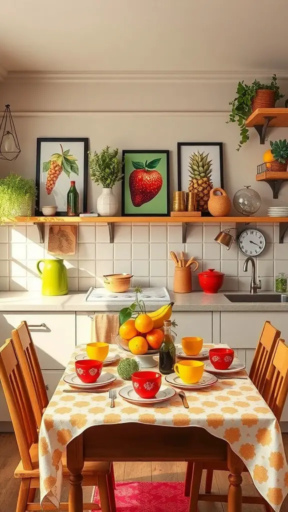 A bright kitchen decorated with fruit motifs, featuring colorful dishes, a wooden table, and vibrant fruit prints on the wall.