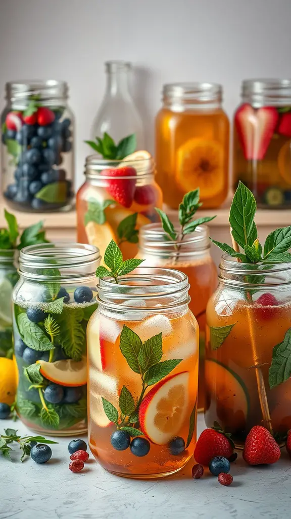 An array of colorful iced tea jars filled with fruits and mint, perfect for a garden tea party.