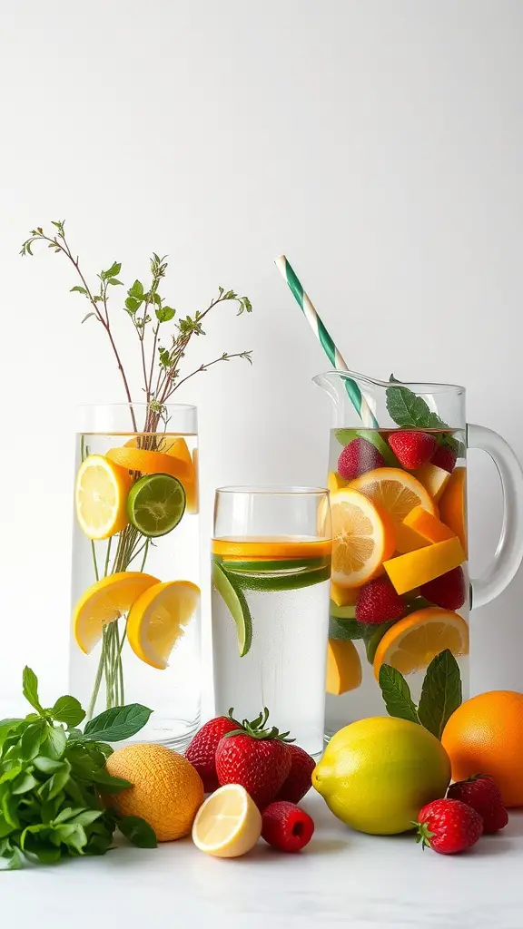 A refreshing infused water station with fruits, herbs, and glasses