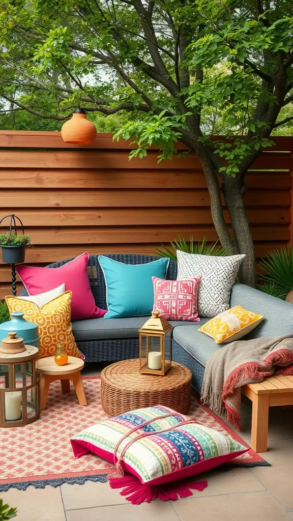 A cozy outdoor seating area with colorful pillows, a woven rug, and decorative lanterns.