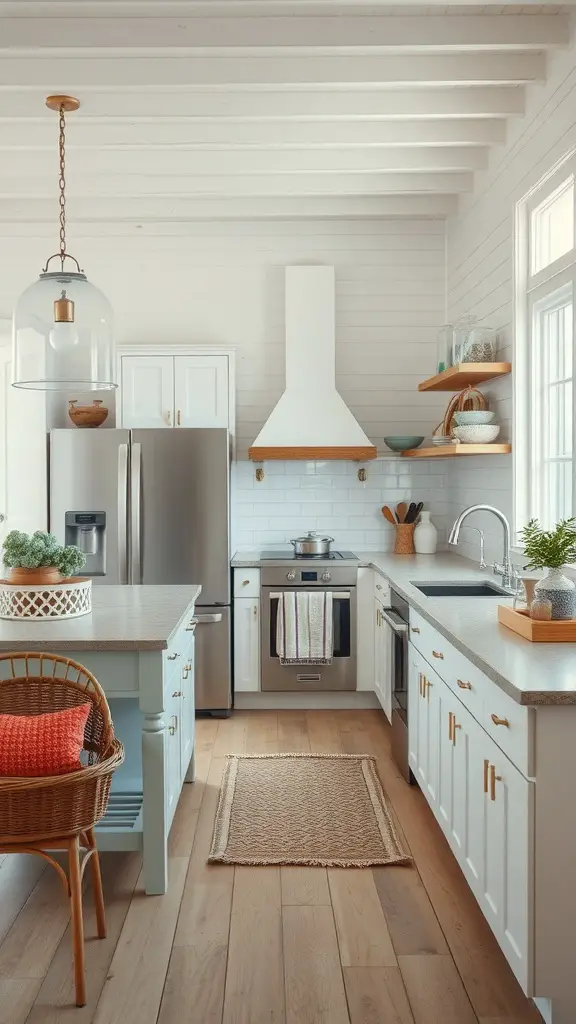 A bright beach house kitchen with white cabinets, wooden flooring, and a cozy atmosphere.