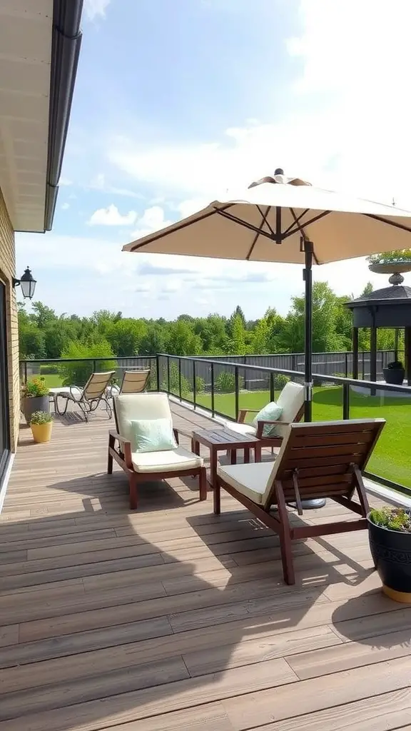 15 Stunning Composite Deck Ideas for Your Outdoor Space 6 A relaxing lounge area featuring composite flooring, comfortable seating, and a large umbrella, surrounded by greenery.