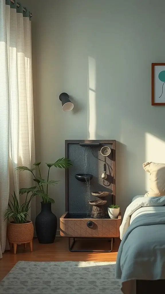 A cozy mother’s room featuring a stylish water fountain, soft lighting, and indoor plants.