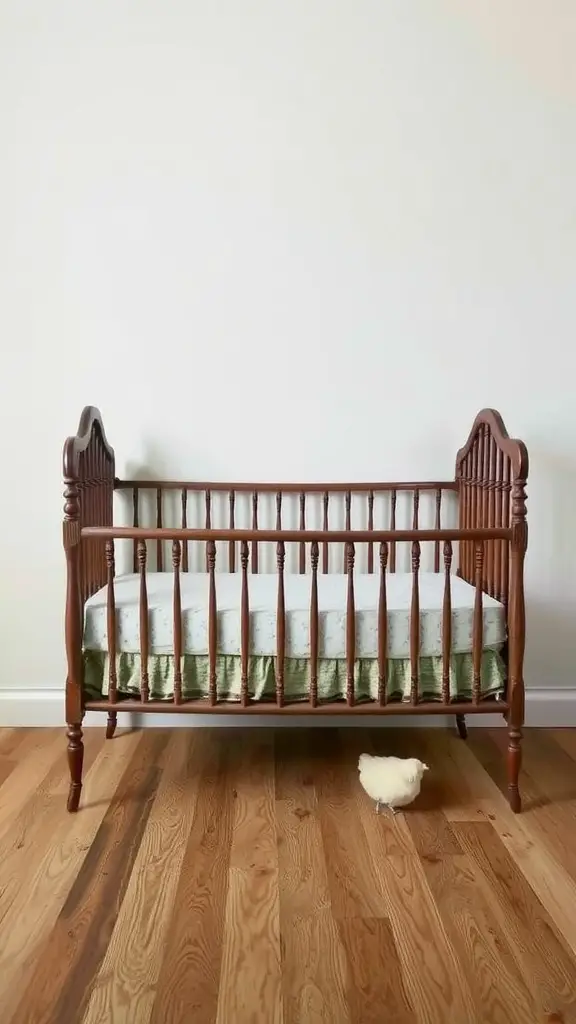 A repurposed crib is used as a brooder for chicks, featuring soft bedding and a yellow chick nearby.