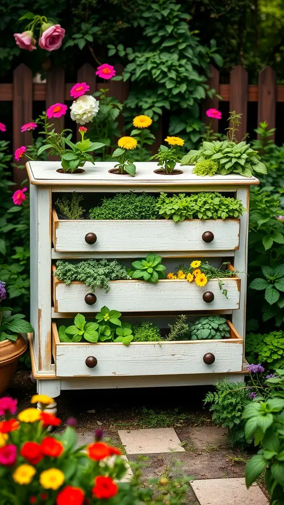 A repurposed dresser garden filled with colorful flowers and herbs, showcasing a creative gardening idea.