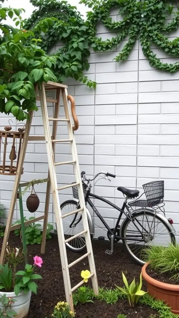 A charming garden scene featuring a wooden ladder, a bicycle, and vibrant flowers.