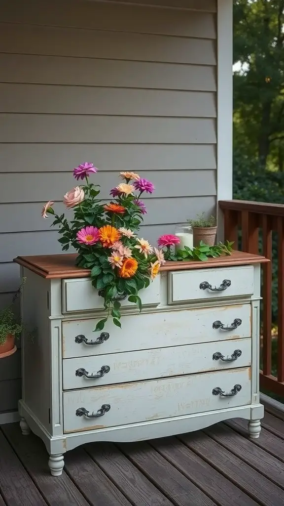 15 Creative DIY Deck Planter Ideas to Enhance Your Outdoor Space 12 Repurposed dresser planter filled with colorful flowers on a deck
