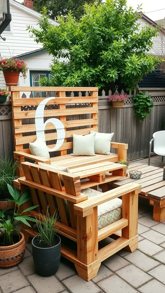 Outdoor patio featuring repurposed pallet furniture with a cozy seating area and potted plants.