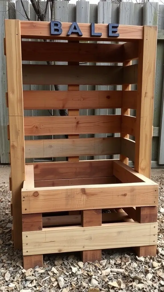 A wooden pallet brooder with the word 'BALE' displayed at the top, designed for raising chicks.