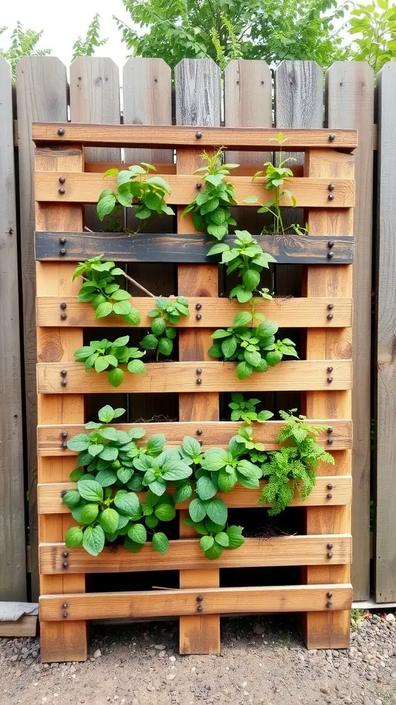 A vertical garden made from a repurposed wooden pallet, filled with various herbs.