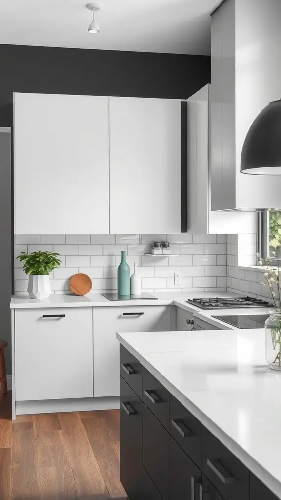 A modern kitchen featuring rich charcoal gray accents, white cabinets, and wooden flooring.