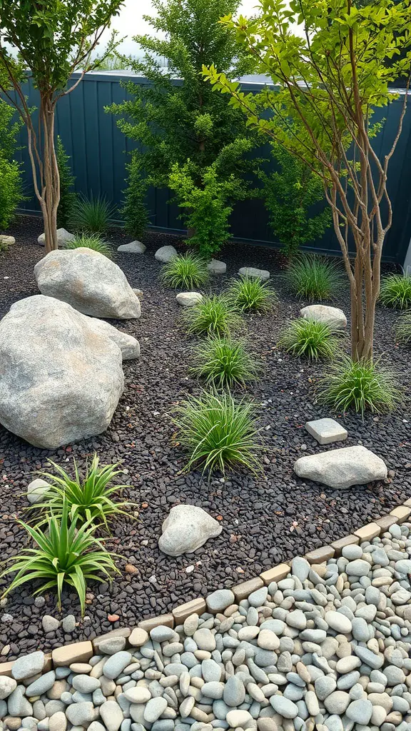 21 Creative Mulch Landscaping Ideas to Transform Your Outdoor Space 7 A modern landscape featuring a rock and mulch combination with greenery.