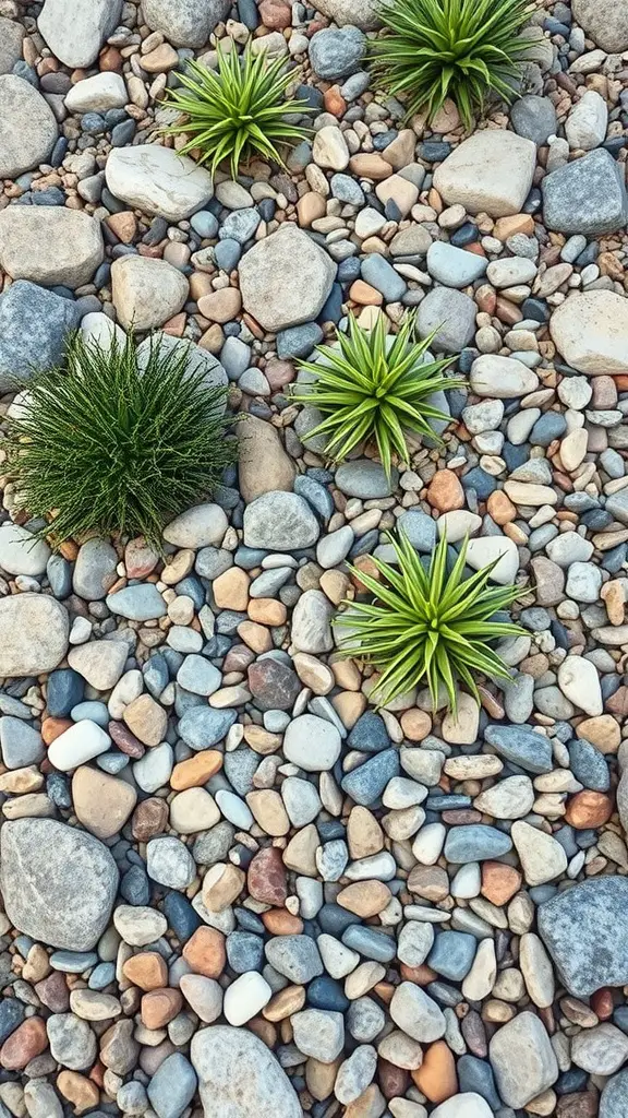 A close-up view of a rock garden bed featuring various stones and green plants.