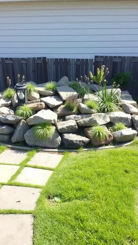 21 Creative Grass Patio Ideas for Your Outdoor Space 15 A rock garden featuring large stones and green plants, contrasted against a grassy patio.