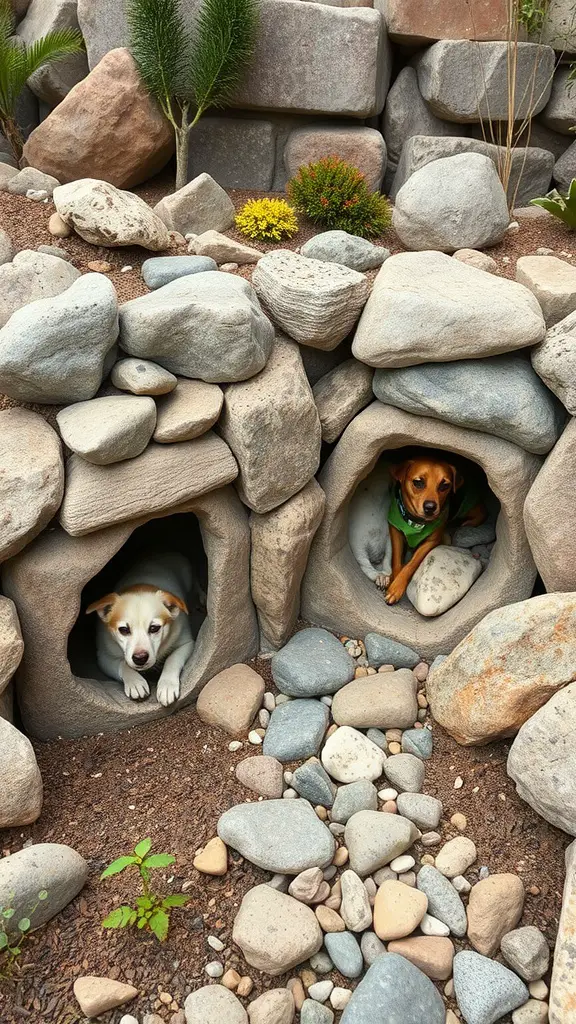 19 Creative Grassless Backyard Ideas for Dogs 14 Two dogs relaxing in rock formations with cozy hiding spots.