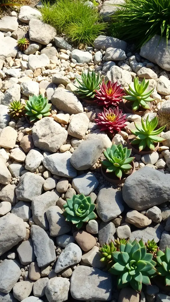 A rock garden featuring various succulents and stones.