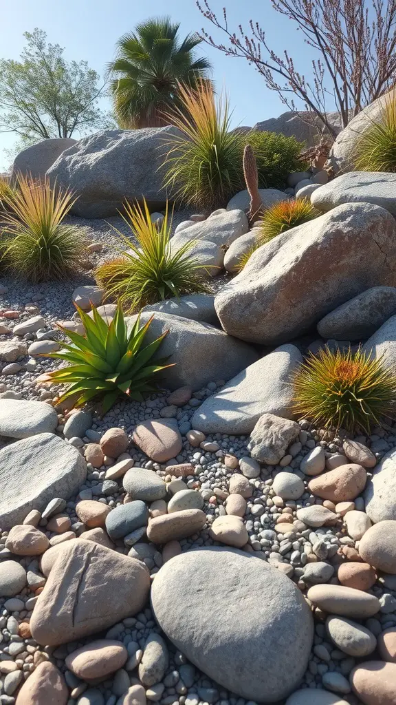 A rock garden featuring various sun-resistant plants surrounded by large and small rocks.