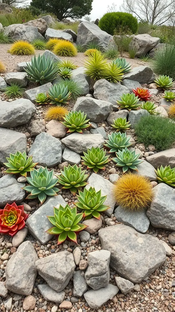 13 Creative Deer Resistant Landscaping Ideas for Your Garden 8 A rock garden featuring various succulent plants and ornamental grasses interspersed among stones.