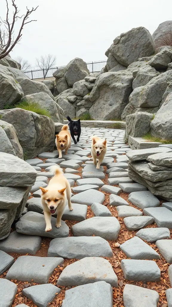 19 Creative Grassless Backyard Ideas for Dogs 10 Four dogs running along a rocky path in a backyard dog run