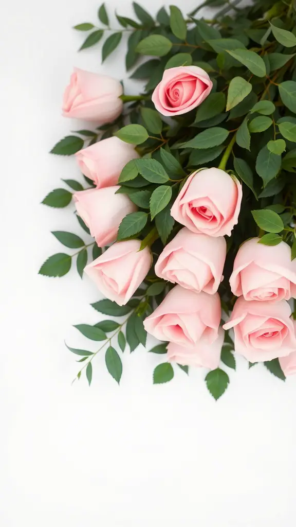 17 Stunning Summer Wedding Bouquet Ideas You’ll Love 7 A bouquet of blush roses with green leaves on a white background
