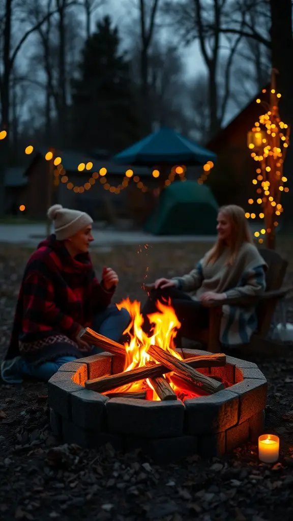 Two people enjoying a cozy fire pit in a backyard setting with string lights and a warm fire.