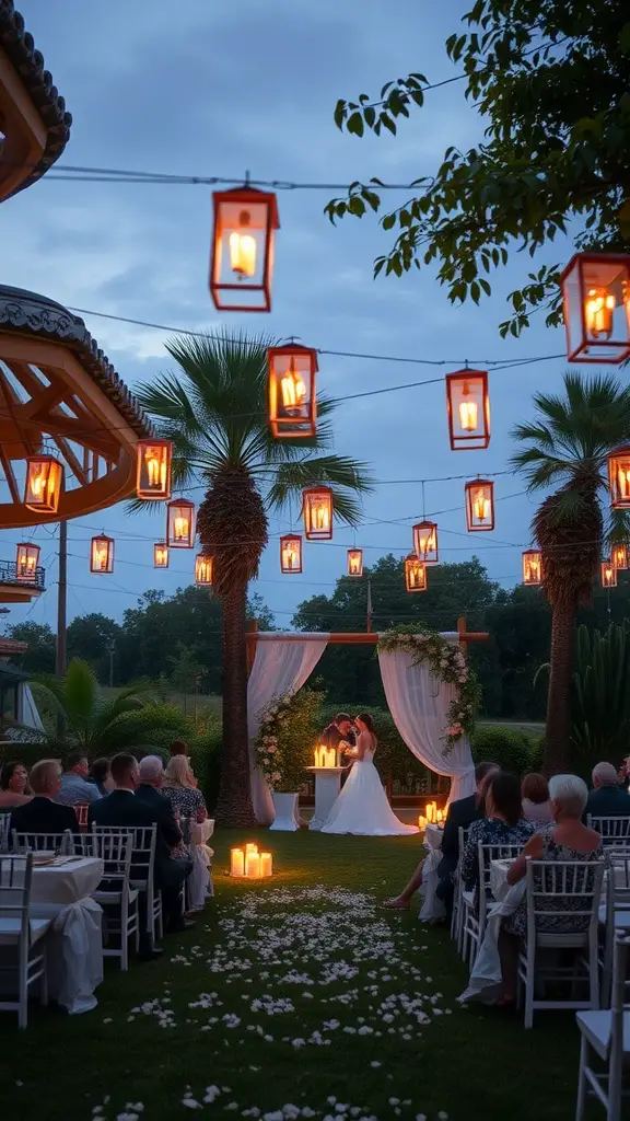 17 Creative Summer Bridal Shower Ideas for a Memorable Celebration 15 A romantic setting for a bridal shower with lanterns hanging above and candles lit on tables.