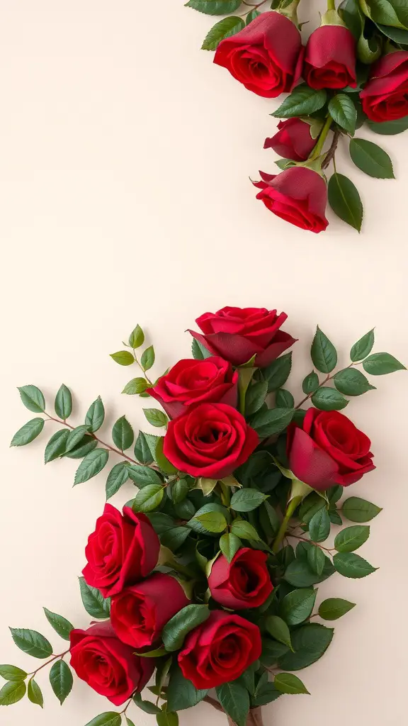 17 Stunning Summer Wedding Bouquet Ideas You’ll Love 17 A collection of vibrant red roses arranged with green leaves on a soft background